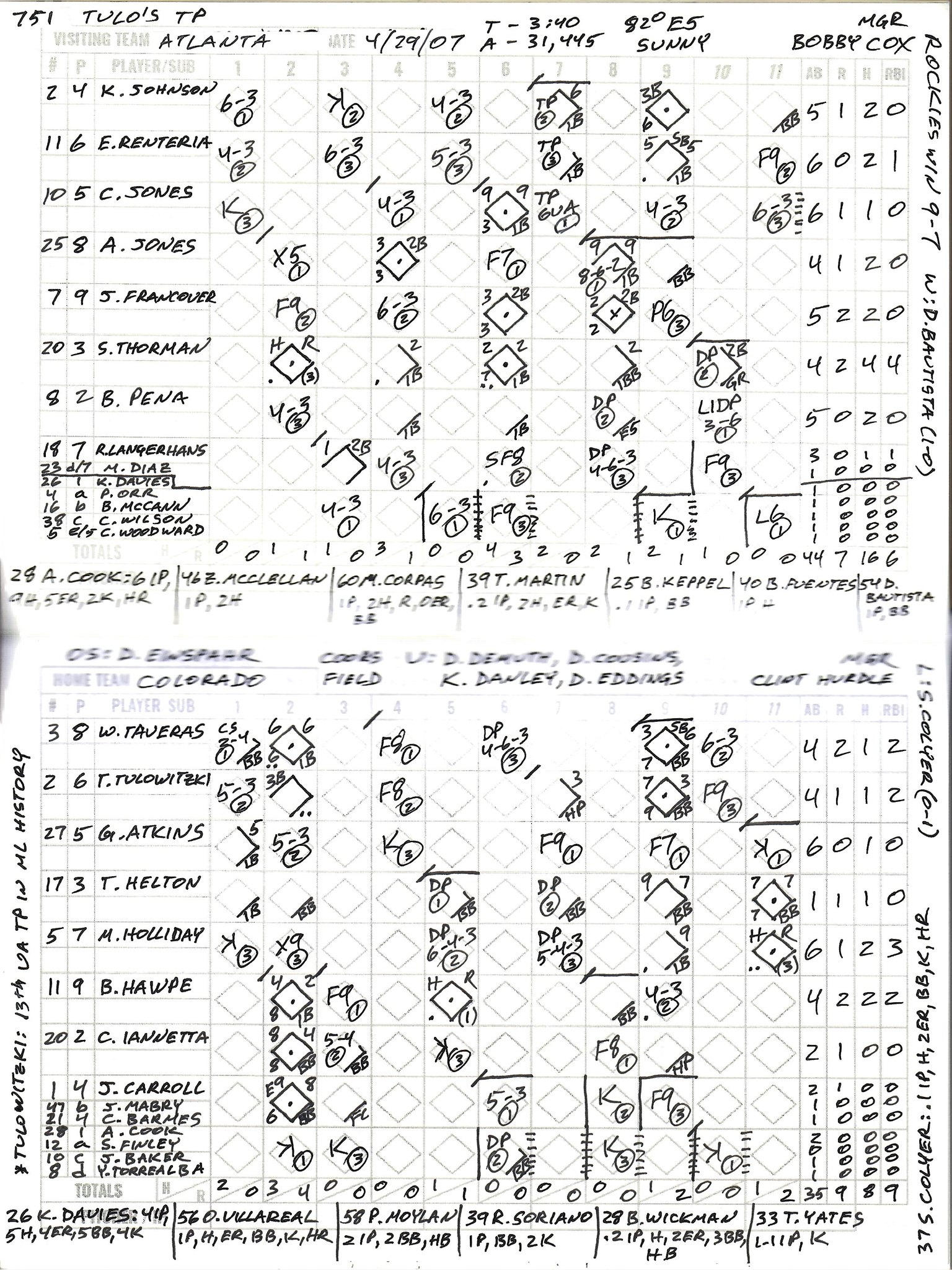 Hand-scored card from ATL at COL on April 29, 2007, capturing Troy Tulowitzki&rsquo;s unassisted triple play — one of the rarest plays in baseball history