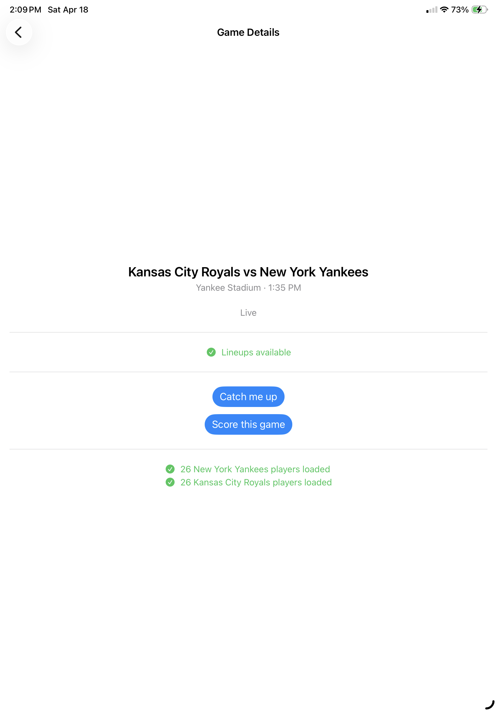 Game Details screen with Catch me up and Score this game buttons