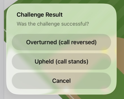 Challenge Result dialog with Overturned, Upheld, and Cancel options