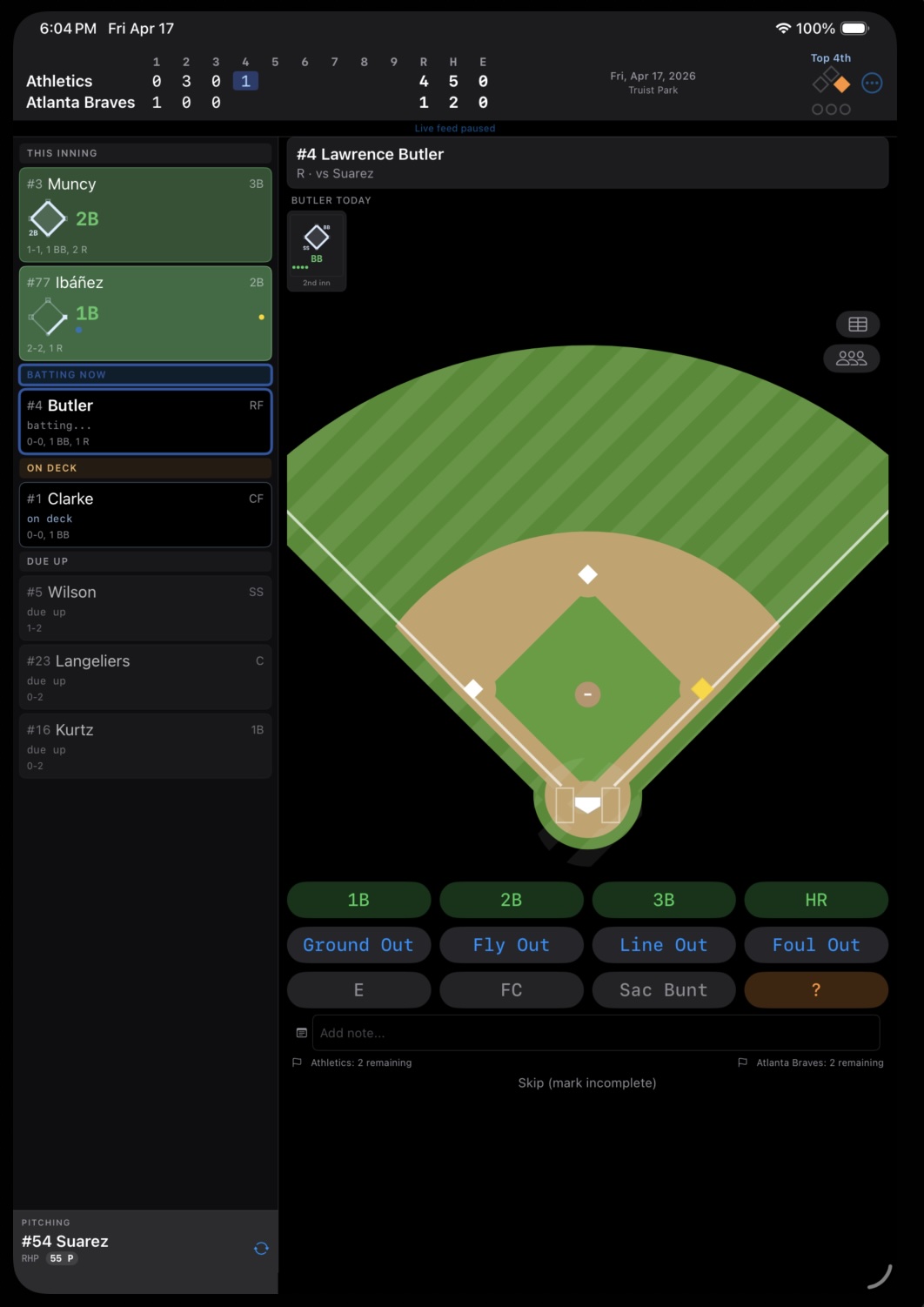 BaseballScorer in dark mode — colors stay consistent against the dark background