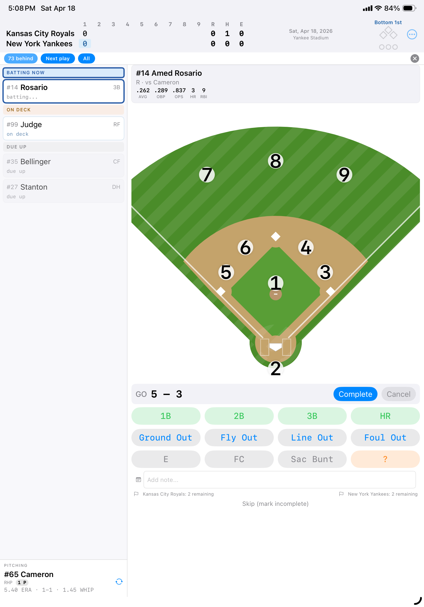 Ground out 5-3 fielding sequence — fielder numbers highlighted on the diamond with GO notation