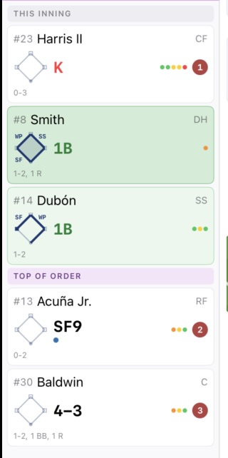 Inning summary showing color-coded at-bat cards — green for hits, red for strikeouts