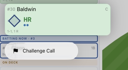 Inning-summary long-press menu with “Challenge Call” option