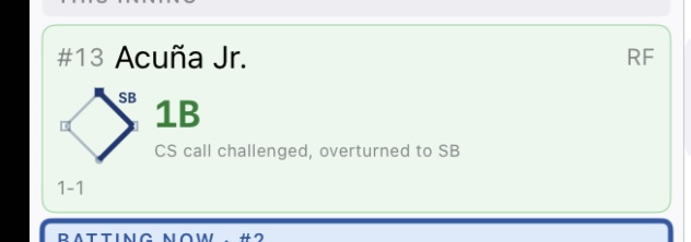 Result: runner back on 2B, out removed, auto-note on the runner’s at-bat card