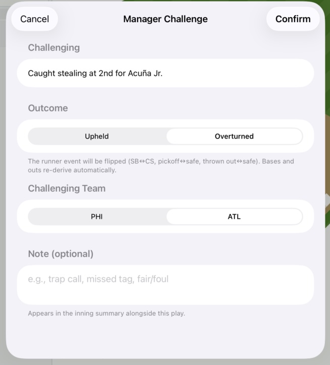 Sheet showing &ldquo;Challenging: Caught stealing at 2B for Schwarber&rdquo;