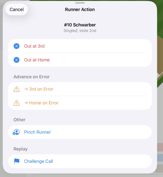 Diamond tap → runner-action sheet → Challenge Call entry