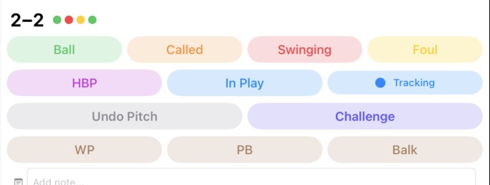 Pitch input buttons showing WP, PB, and Balk options when runners are on base