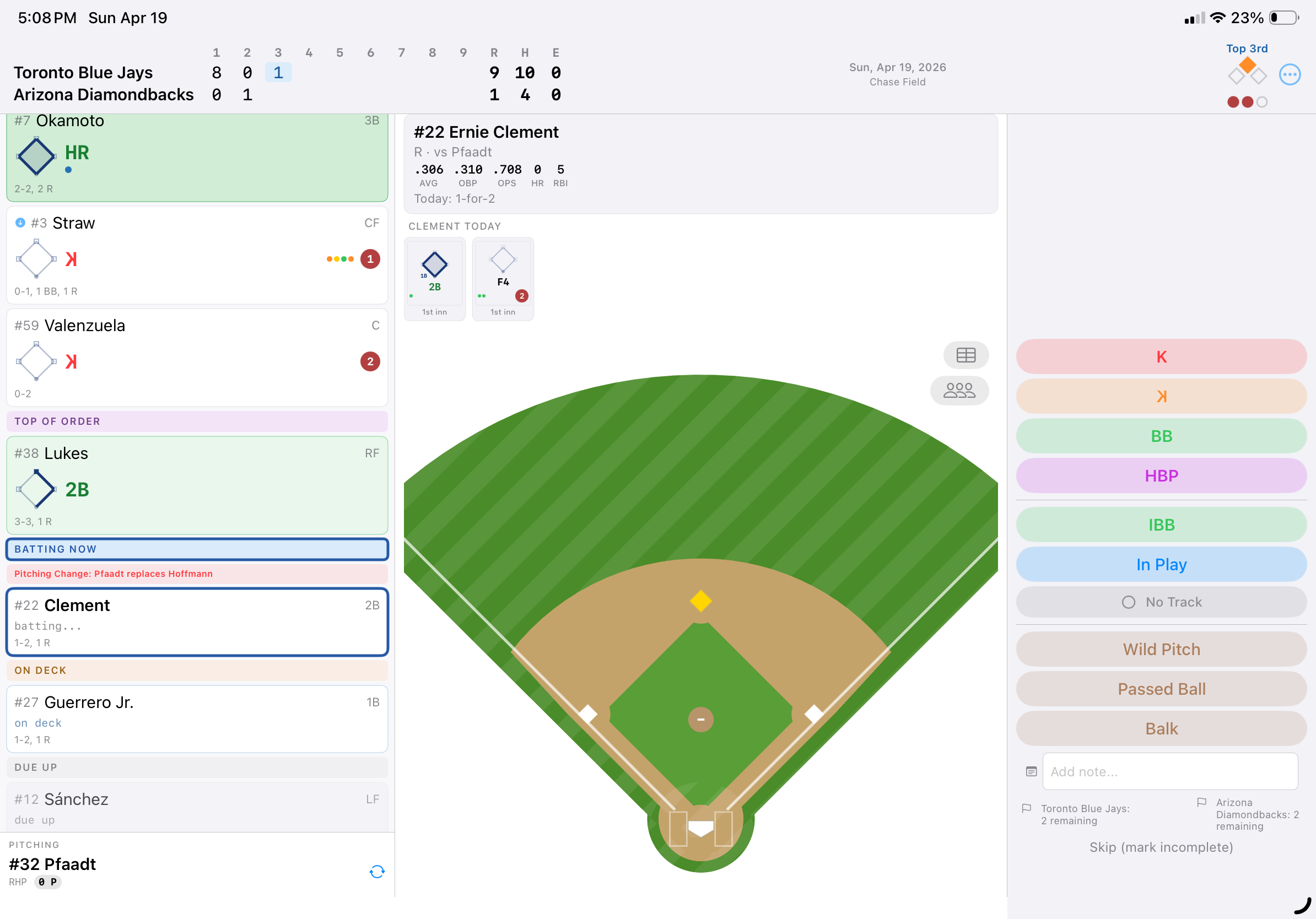 Scoring view showing pitching change banner &ldquo;Pitching Change: Pfaadt replaces Hoffmann&rdquo; in the inning summary