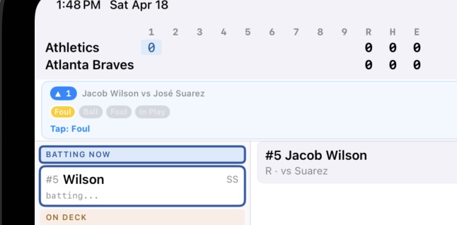 Practice mode showing pitch sequence prompts, batter card, and matchup info