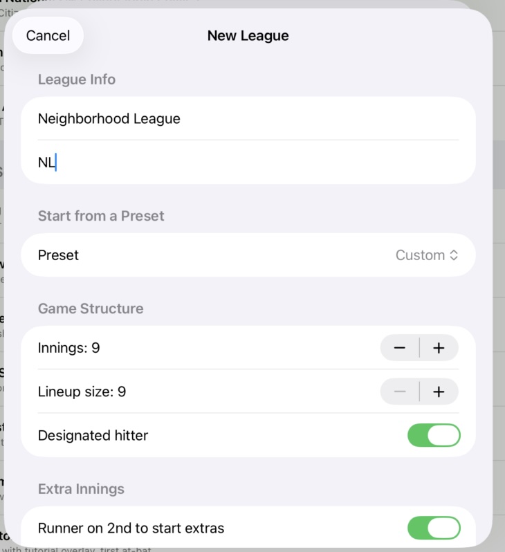 New League screen showing ruleset options — innings, lineup size, DH, ghost runner