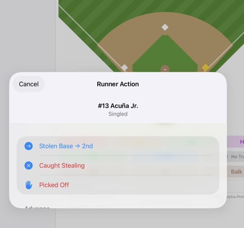 Runner Action Sheet showing Stolen Base, Caught Stealing, and Picked Off options