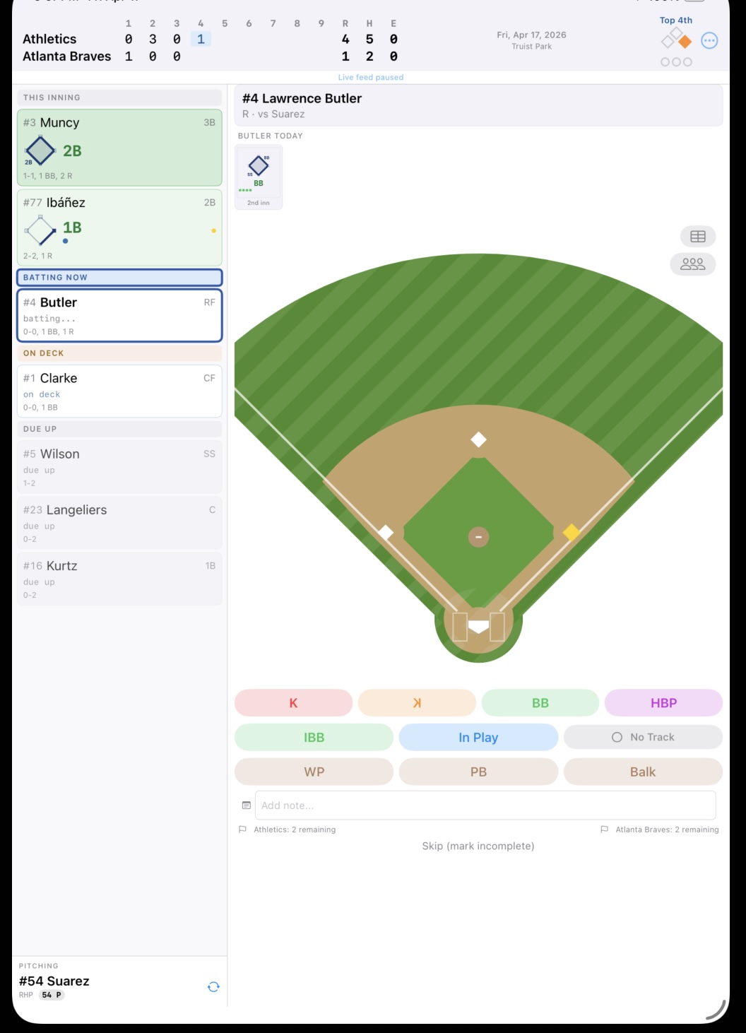 BaseballScorer&rsquo;s main scoring view during a live at-bat